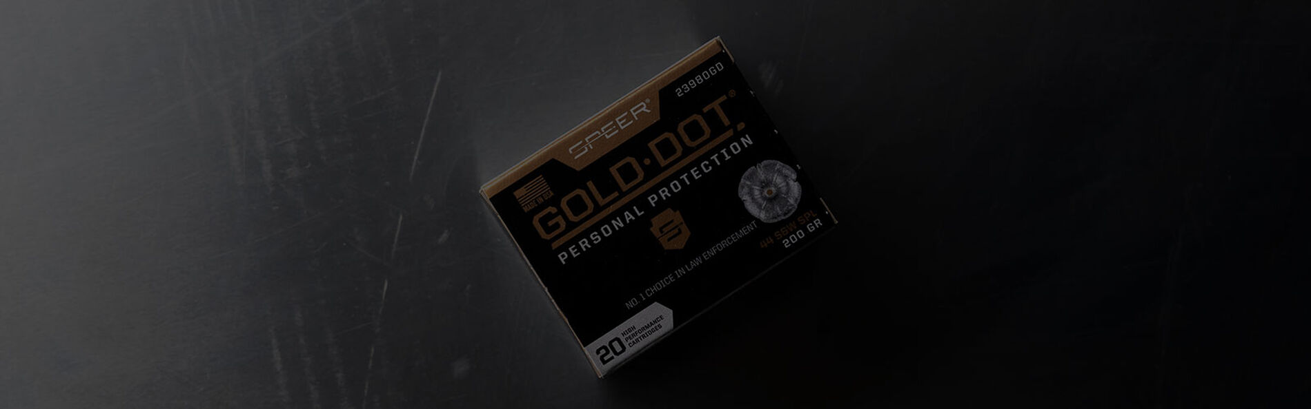 Speer Gold Dot 44 S&W box on a table