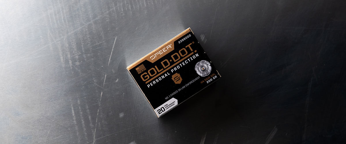 Speer Gold Dot 44 S&W box on a table