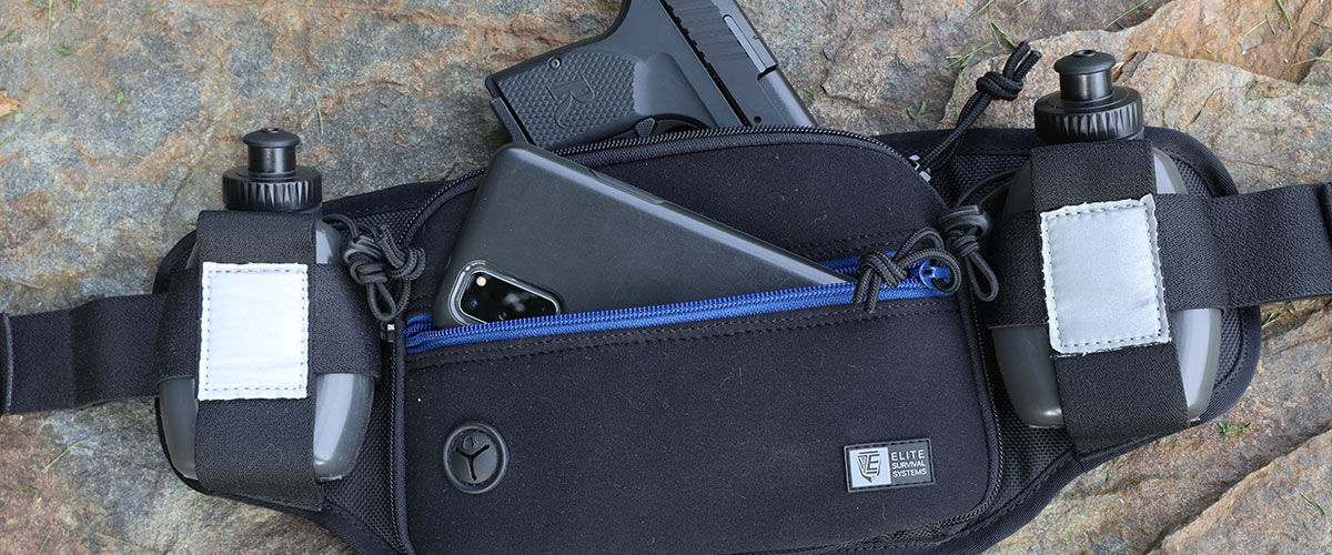 waist belt holster with water bottle, pistol and phone in it