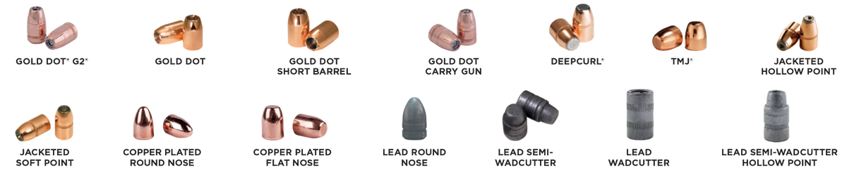 Gold Dot G2, Gold Dot, Gold Dot Short Barrel, Gold Dot Carry Gun, DeepCurl, TMJ, Jacketed Hollow Point, Jacketed Soft Point, Copper Plated Flat Nose, Lead Round Nose, Lead Semi-Wadcutter, Lead Wadcutter, and Lead Semi-Wadcutter Hollow Point images