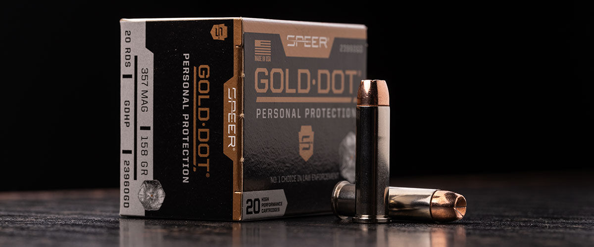 Gold Dot Short Barrel Personal Protection 357 Magnum box and cartridges on a table