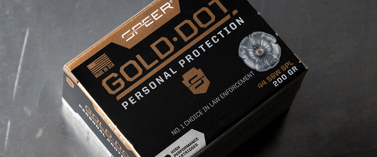 Speer Gold Dot 44 S&W box on a table close-up
