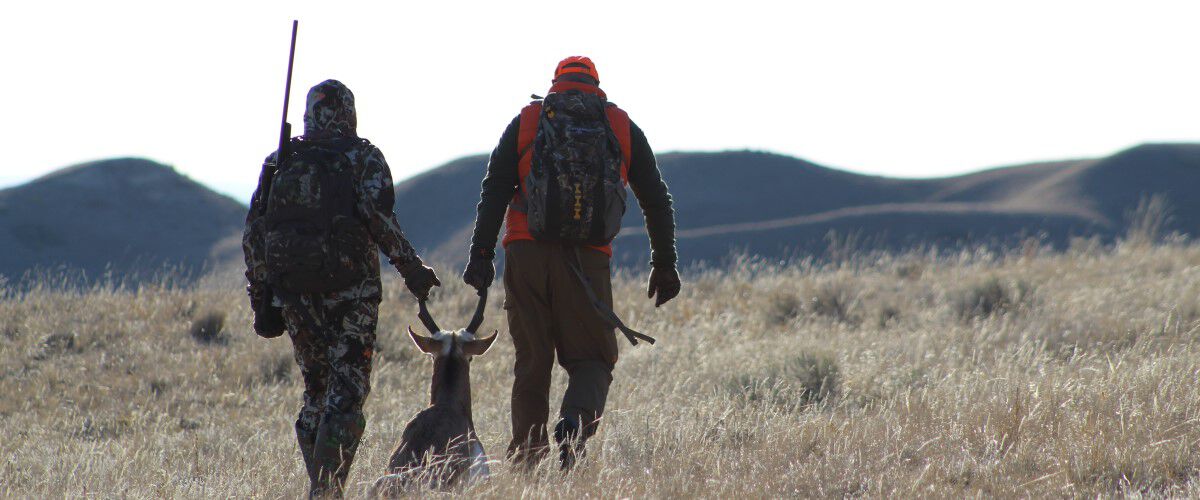 two hunters dragging a pronghorn by the horns