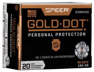 Gold Dot Handgun Personal Protection, 45 Auto, 185 Grain, Gold Dot Hollow Point, 1050 fps