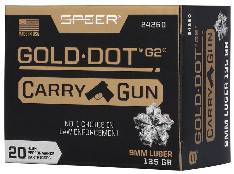 Gold Dot Carry Gun, 9mm Luger, 135 Grain, Gold Dot Hollow Point, 1120 fps