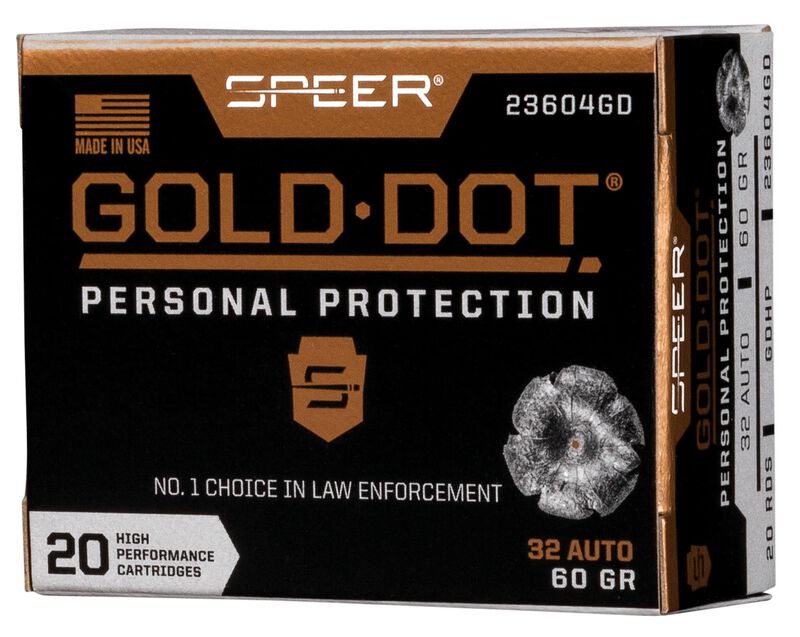 Gold Dot Handgun Personal Protection, 32 Auto, 60 Grain, Gold Dot Hollow Point, 960 fps