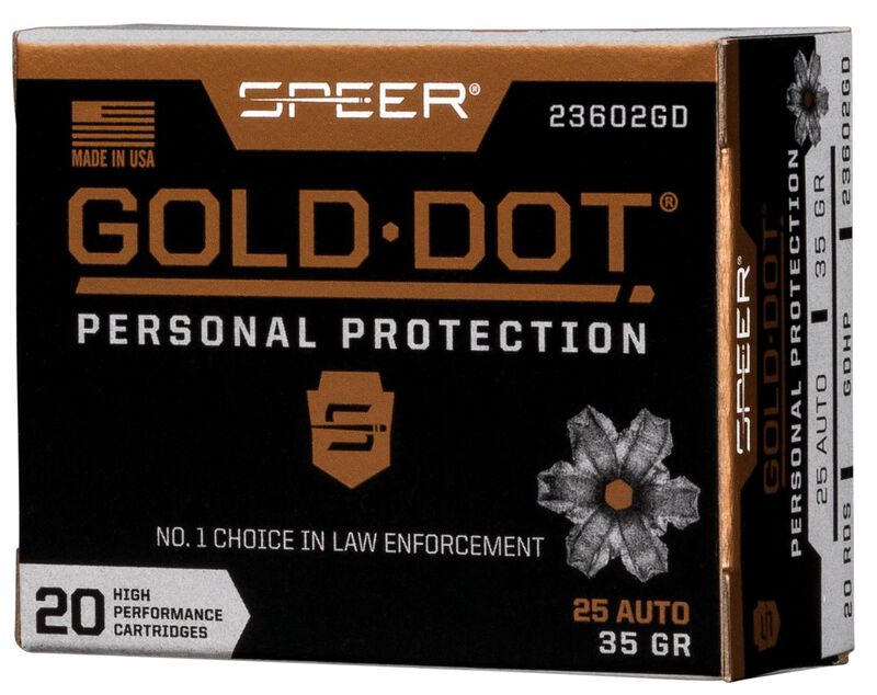 Gold Dot Handgun Personal Protection, 25 Auto, 35 Grain, Gold Dot Hollow Point, 900 fps