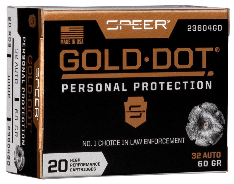 Gold Dot Handgun Personal Protection, 32 Auto, 60 Grain, Gold Dot Hollow Point, 960 fps