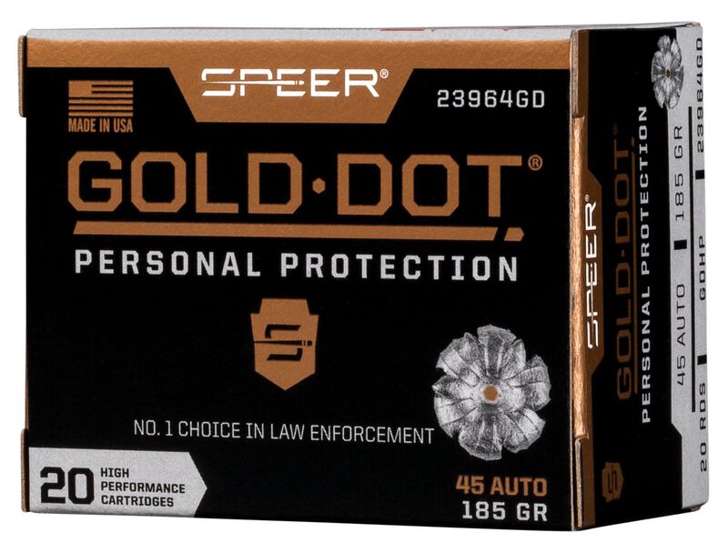 Gold Dot Handgun Personal Protection, 45 Auto, 185 Grain, Gold Dot Hollow Point, 1050 fps