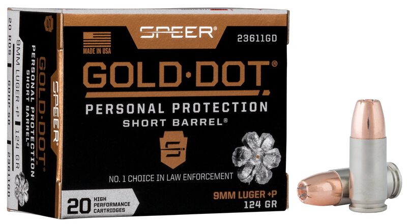 Gold Dot Short Barrel Personal Protection, 9mm Luger +P, 124 Grain, Gold Dot Hollow Point Short Barrel, 1150 fps 9mm Luger +P Caliber Ammo - 20 Rounds of 124 Grain Weight Ammunition (23611GD)