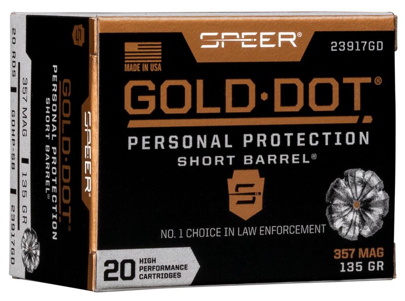 Gold Dot Short Barrel Personal Protection, 357 Magnum, 135 Grain, Gold Dot Hollow Point Short Barrel, 990 fps 357 Magnum Caliber Ammo - 20 Rounds of 135 Grain Weight Ammunition (23917GD)