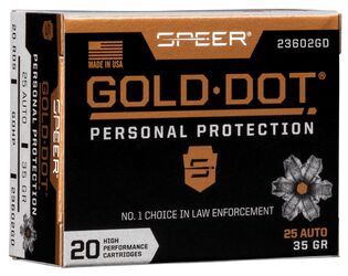 Gold Dot Handgun Personal Protection, 25 Auto, 35 Grain, Gold Dot Hollow Point, 900 fps