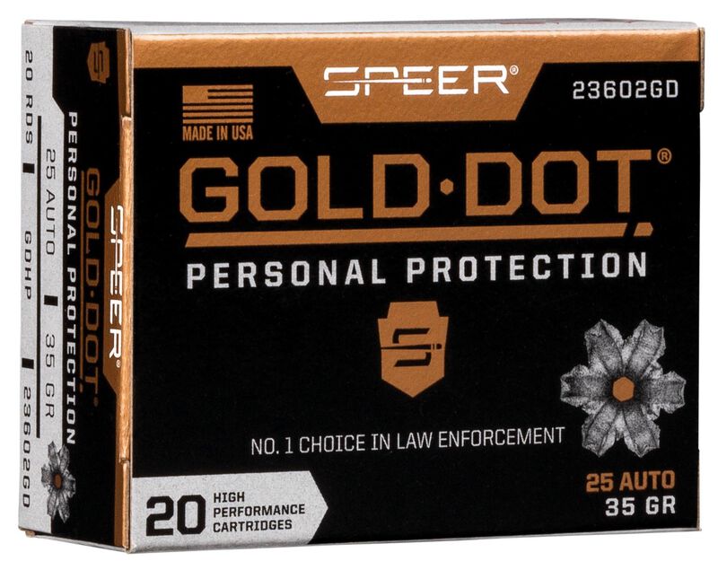 Gold Dot Handgun Personal Protection, 25 Auto, 35 Grain, Gold Dot Hollow Point, 900 fps 25 Auto Caliber Ammo - 20 Rounds of 35 Grain Weight Ammunition (23602GD)