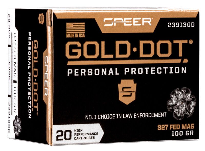 Gold Dot Handgun Personal Protection, 327 Federal Magnum, 100 Grain, Gold Dot Hollow Point, 1500 fps 327 Federal Magnum Caliber Ammo - 20 Rounds of 100 Grain Weight Ammunition (23913GD)