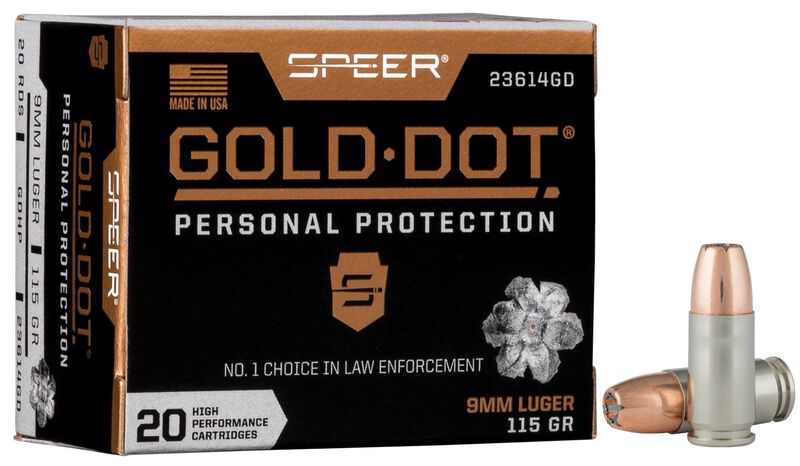 Gold Dot Handgun Personal Protection, 9mm Luger, 115 Grain, Gold Dot Hollow Point, 1210 fps 9mm Luger Caliber Ammo - 20 Rounds of 115 Grain Weight Ammunition (23614GD)