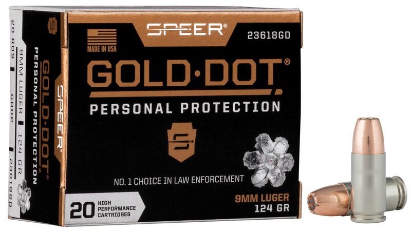 Gold Dot Handgun Personal Protection, 9mm Luger, 124 Grain, Gold Dot Hollow Point, 1150 fps 9mm Luger Caliber Ammo - 20 Rounds of 124 Grain Weight Ammunition (23618GD)