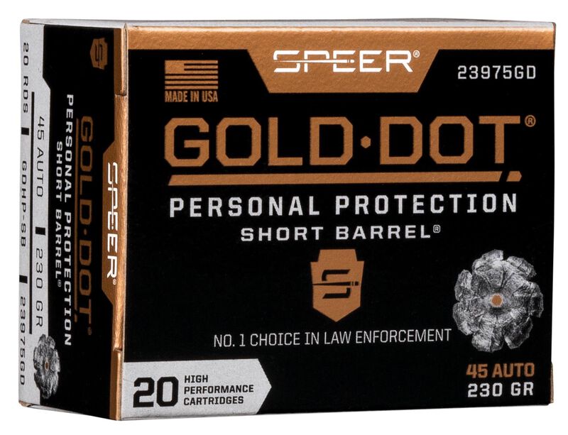 Gold Dot Short Barrel Personal Protection, 45 Auto, 230 Grain, Gold Dot Hollow Point Short Barrel, 820 fps 45 Auto Caliber Ammo - 20 Rounds of 230 Grain Weight Ammunition (23975GD)