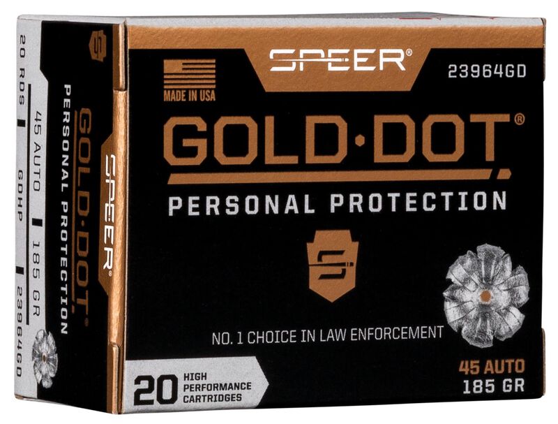 Gold Dot Handgun Personal Protection, 45 Auto, 185 Grain, Gold Dot Hollow Point, 1050 fps 45 Auto Caliber Ammo - 20 Rounds of 185 Grain Weight Ammunition (23964GD)